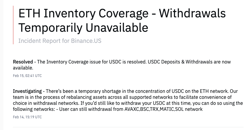 Binance US 于 5 小时前暂停以太坊链上 USDC 提款,现已恢复 Binance US 于 5 小时前暂停以太坊链上 USDC 提款,现已恢复