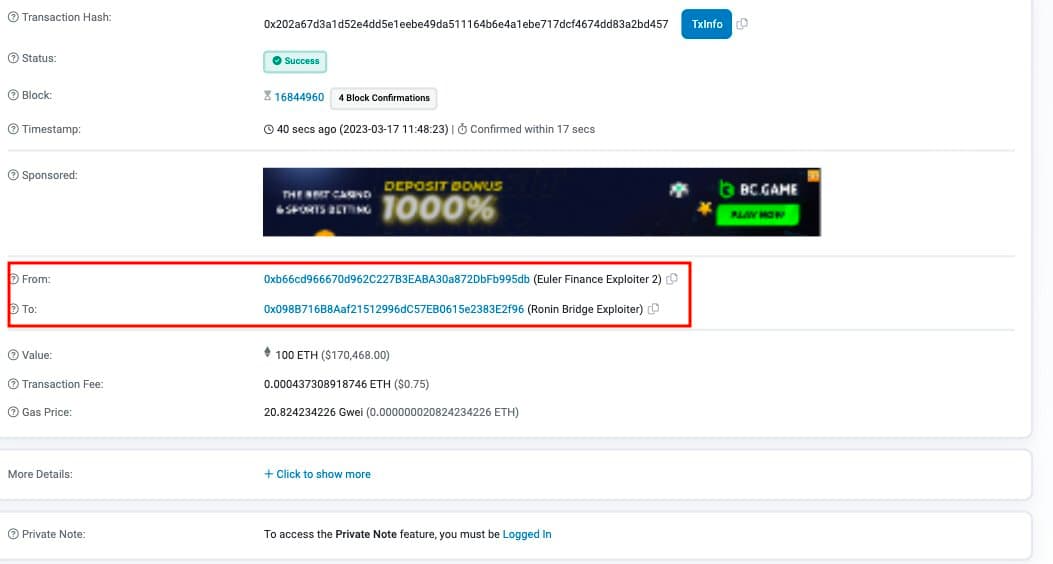 数据：Euler Finance 攻击者向 Ronin Bridge 攻击者转移 100 ETH