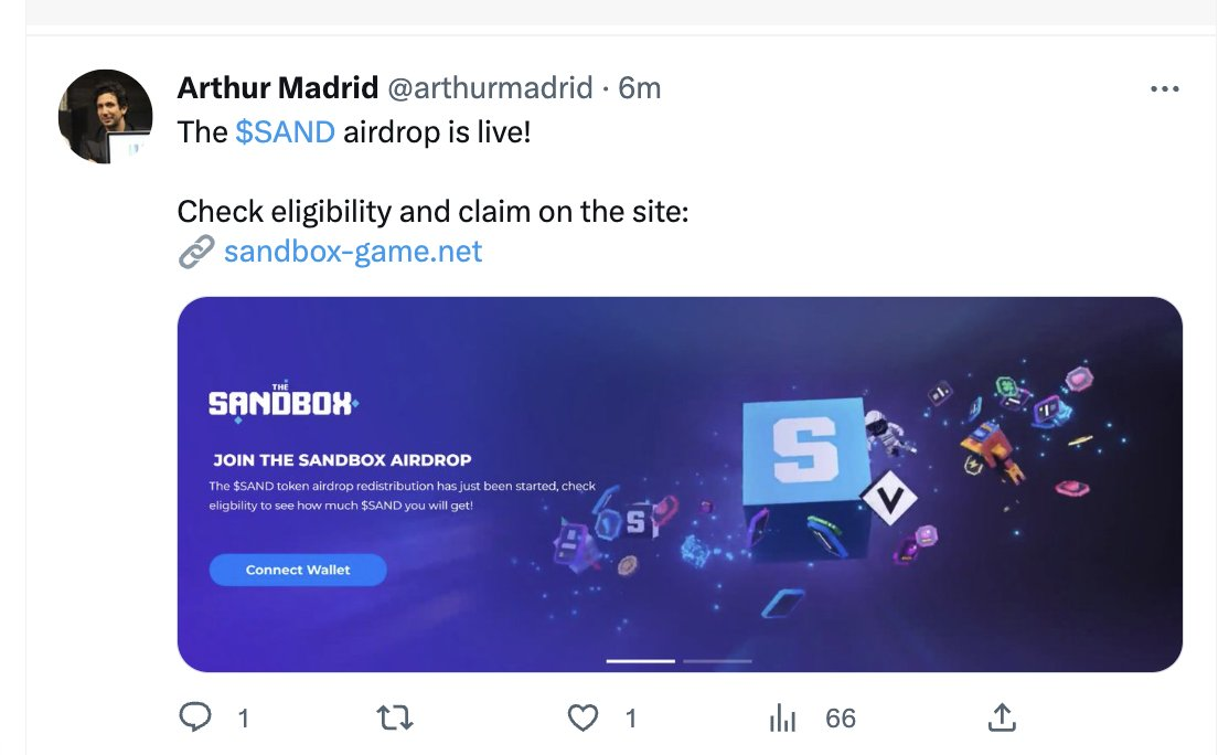 The Sandbox: CEO and Lianchuang Arthur Madrid's Twitter Account Hacked, Don't Click Phishing Links About Airdrops