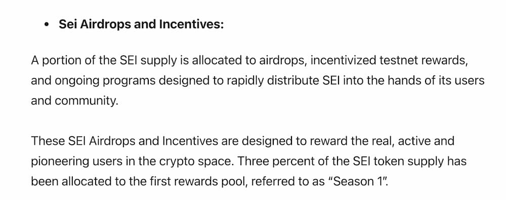Sei 官方：3% 的代币已分配至第一季奖励池1