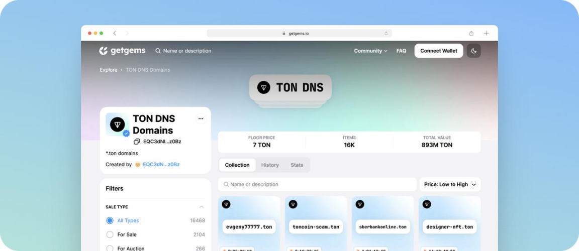 示意图：NFT 市场 Getgems 上出售的域名。