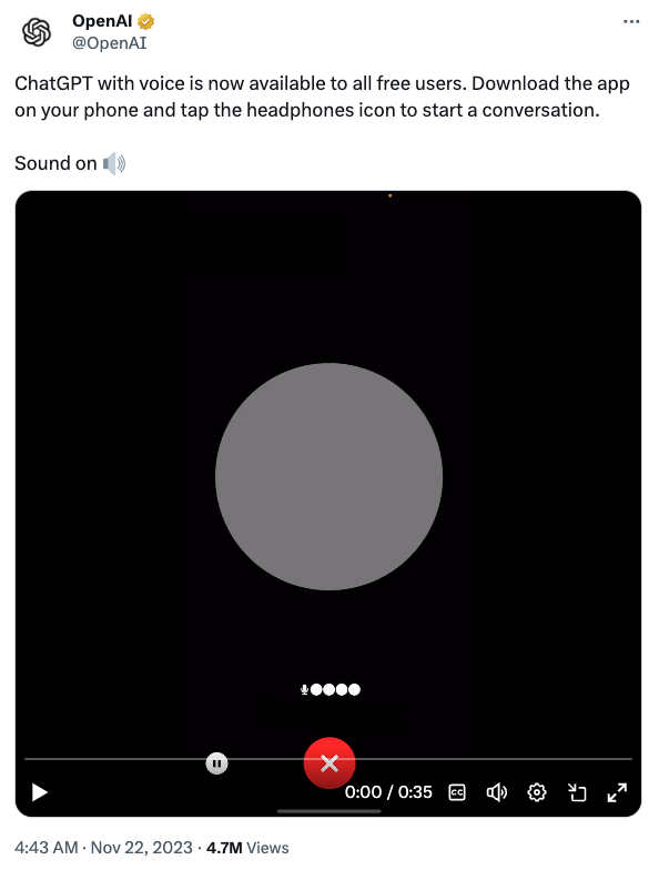 OpenAI：ChatGPT Voice 功能已向所有用户免费开放