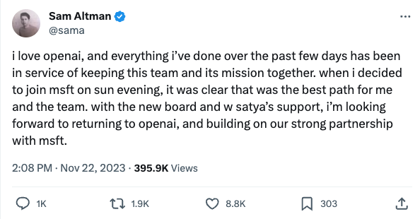 Sam Altman：期待重返 OpenAI，此前决定加入微软是对团队最好的选择