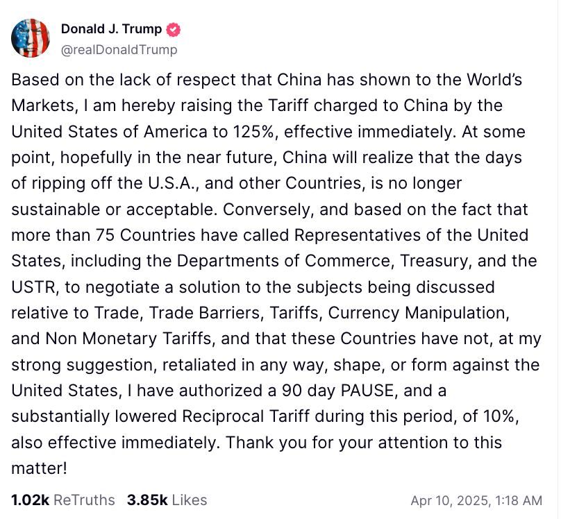 特朗普：将美国对华征收的关税提高至 125%，立即生效
