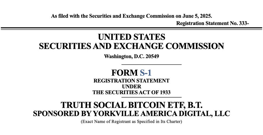 Truth Social Bitcoin ETF 向美 SEC 提交 S-1 注册声明